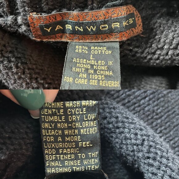 Vtg Yarnworks Black Cable Knit Fisherman Sweater Women's Sz L Chunky Turtleneck - Picture 3 of 5